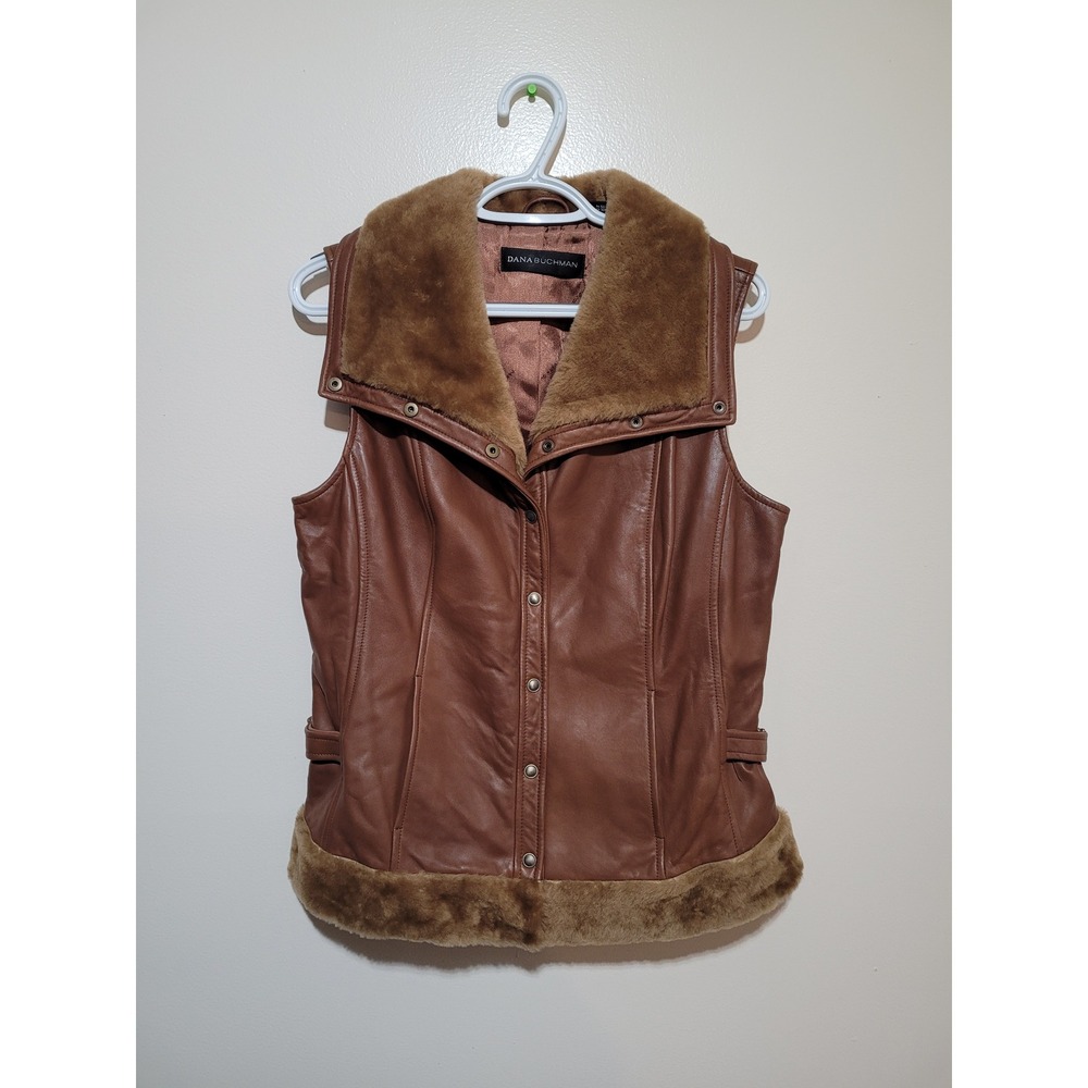 Dana Buchman Leather Vest Womens 10 Brown‎ Excellent Faux Fur Trim Moto Style